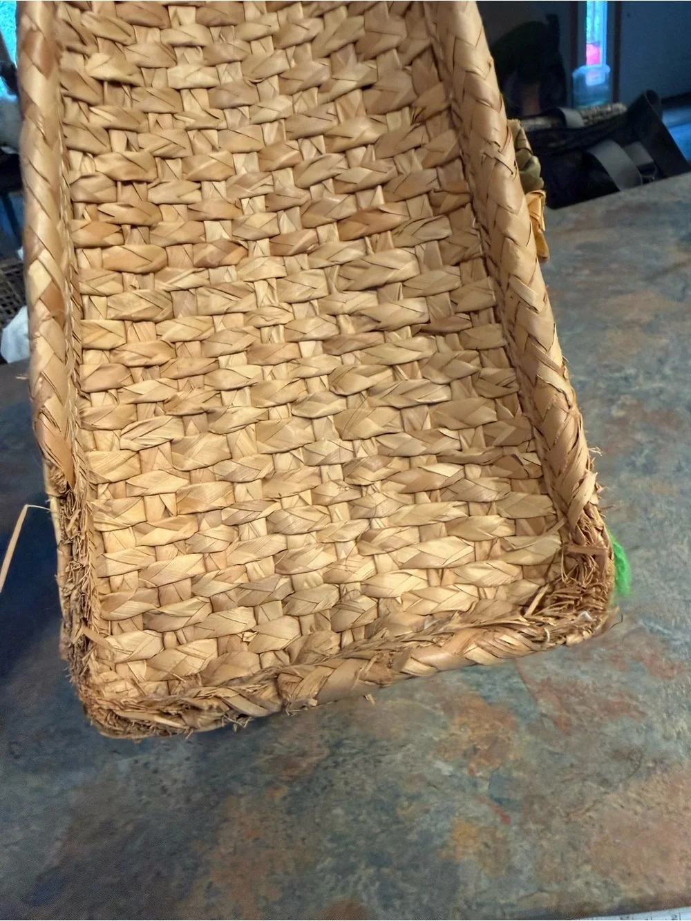 Embroidered Straw Tote Bag with Green Floral Accent